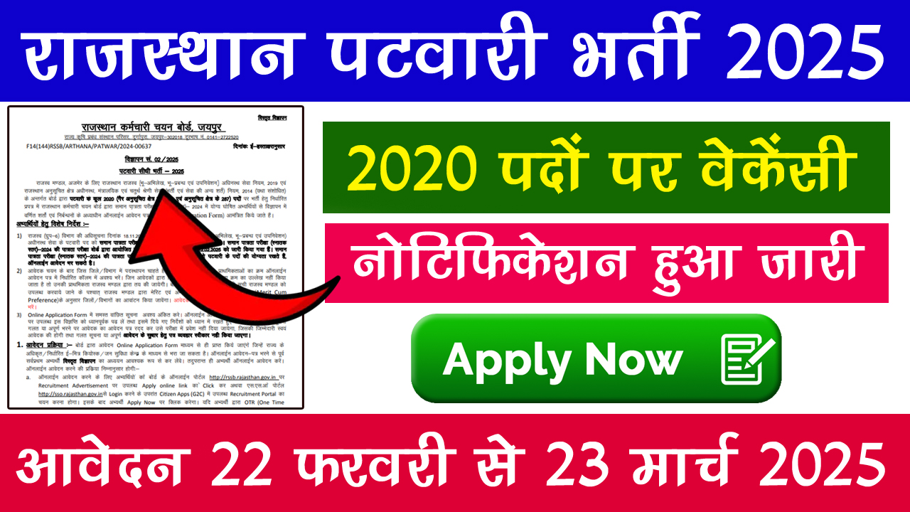 Rajasthan Patwari Vacancy 2025 Notification OUT: राजस्थान पटवारी भर्ती का नोटिफिकेशन 2020 पदों पर जारी, जल्द करें आवेदन alt=